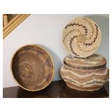 Collection of Woven Basket Wall Decor and Lidded Storage Baskets