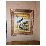 Vintage Framed Wildlife Painting of Hooded Merganser Ducks