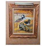Vintage Framed Wildlife Painting of Hooded Merganser Ducks