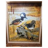 Vintage Framed Wildlife Painting of Hooded Merganser Ducks