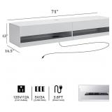 Floating TV Stand with LED Lights for TVs up to 80 inch, High Glossy Floating Entertainment Center, Modern Wall Mounted TV Shelf, Floating TV Stand Cabinet Living Room (White with AC Outlet)