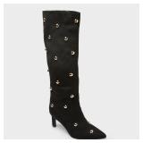 Brand New - BLACK SUEDE GOLD DOME STUD KITTEN HEELED BOOTS Size 7.5