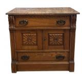 E - Antique Eastlake Victorian Oak Washstand Cabinet Marble Top