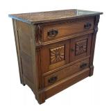E - Antique Eastlake Victorian Oak Washstand Cabinet Marble Top