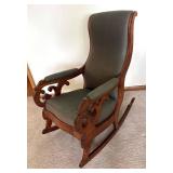 FR - Antique Victorian Mahogany Rocking Chair Olive Green Upholstery