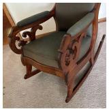 FR - Antique Victorian Mahogany Rocking Chair Olive Green Upholstery