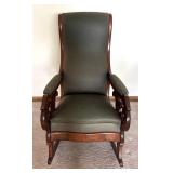 FR - Antique Victorian Mahogany Rocking Chair Olive Green Upholstery