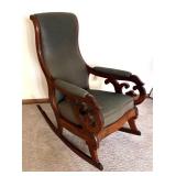 FR - Antique Victorian Mahogany Rocking Chair Olive Green Upholstery