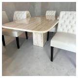 DR - Gorgeous Marble Pedestal Dining Table With 6 Tufted Chairs