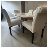 DR - Gorgeous Marble Pedestal Dining Table With 6 Tufted Chairs