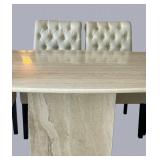 DR - Gorgeous Marble Pedestal Dining Table With 6 Tufted Chairs