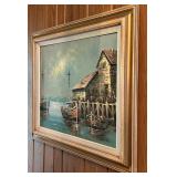 LR - Framed Vintage Impressionist Harbor Seascape Oil on Canvas