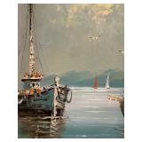 LR - Framed Vintage Impressionist Harbor Seascape Oil on Canvas