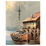 LR - Framed Vintage Impressionist Harbor Seascape Oil on Canvas