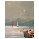 LR - Framed Vintage Impressionist Harbor Seascape Oil on Canvas