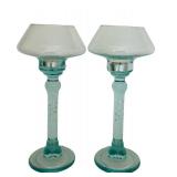 LR - Pair of Aqua Blue Glass Candle Holders