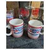 Lot of 9 Various styles of vintage coffee cups and glasses Budweiser, Schlitz and more