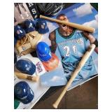 Kevin Garnett Life size Poster with Louiville Slugger Bats toy size, many small baseball hats, and more