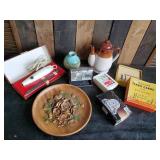 Vintage lot of misc items Universal electric Knife with box, Flash Cards, Crystal Clock and more