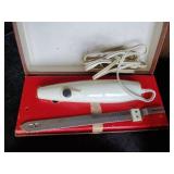 Vintage lot of misc items Universal electric Knife with box, Flash Cards, Crystal Clock and more