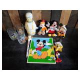 Lot of Various Vintage Disney Items, Glasses Puzzles Bank and more