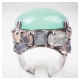 Large Sterling Silver Aqua Chalcedony & Multi Gemstone Ring Size 7.75