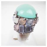 Large Sterling Silver Aqua Chalcedony & Multi Gemstone Ring Size 7.75
