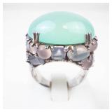 Large Sterling Silver Aqua Chalcedony & Multi Gemstone Ring Size 7.75