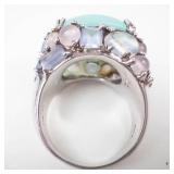 Large Sterling Silver Aqua Chalcedony & Multi Gemstone Ring Size 7.75