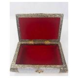 Ornate Silver Tone Trinket Box With Red Velvet Interior