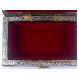 Ornate Silver Tone Trinket Box With Red Velvet Interior
