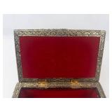 Ornate Silver Tone Trinket Box With Red Velvet Interior