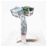 Sterling Silver Peridot & Aquamarine Ring Size 9