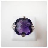 Checkered Cushion Amethyst Sterling Silver Ring Size 6.5
