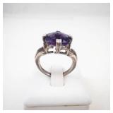 Checkered Cushion Amethyst Sterling Silver Ring Size 6.5