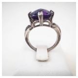 Checkered Cushion Amethyst Sterling Silver Ring Size 6.5