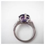 Checkered Cushion Amethyst Sterling Silver Ring Size 6.5