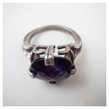 Checkered Cushion Amethyst Sterling Silver Ring Size 6.5