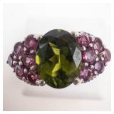 Stunning Sterling Silver Peridot & Pink Tourmaline Ring Size 7
