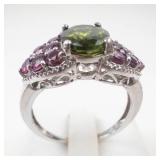 Stunning Sterling Silver Peridot & Pink Tourmaline Ring Size 7