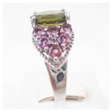 Stunning Sterling Silver Peridot & Pink Tourmaline Ring Size 7