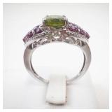 Stunning Sterling Silver Peridot & Pink Tourmaline Ring Size 7