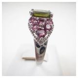 Stunning Sterling Silver Peridot & Pink Tourmaline Ring Size 7