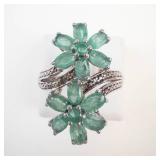 STS Emerald & Diamond Flower Sterling Silver Ring Size 8.75