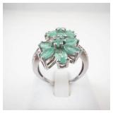 STS Emerald & Diamond Flower Sterling Silver Ring Size 8.75