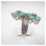 STS Emerald & Diamond Flower Sterling Silver Ring Size 8.75