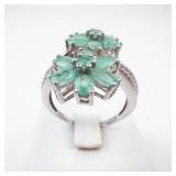 STS Emerald & Diamond Flower Sterling Silver Ring Size 8.75