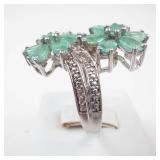 STS Emerald & Diamond Flower Sterling Silver Ring Size 8.75
