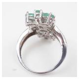 STS Emerald & Diamond Flower Sterling Silver Ring Size 8.75