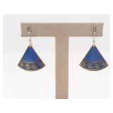 Blue Enamel Fan Earrings With Gold Scrollwork
